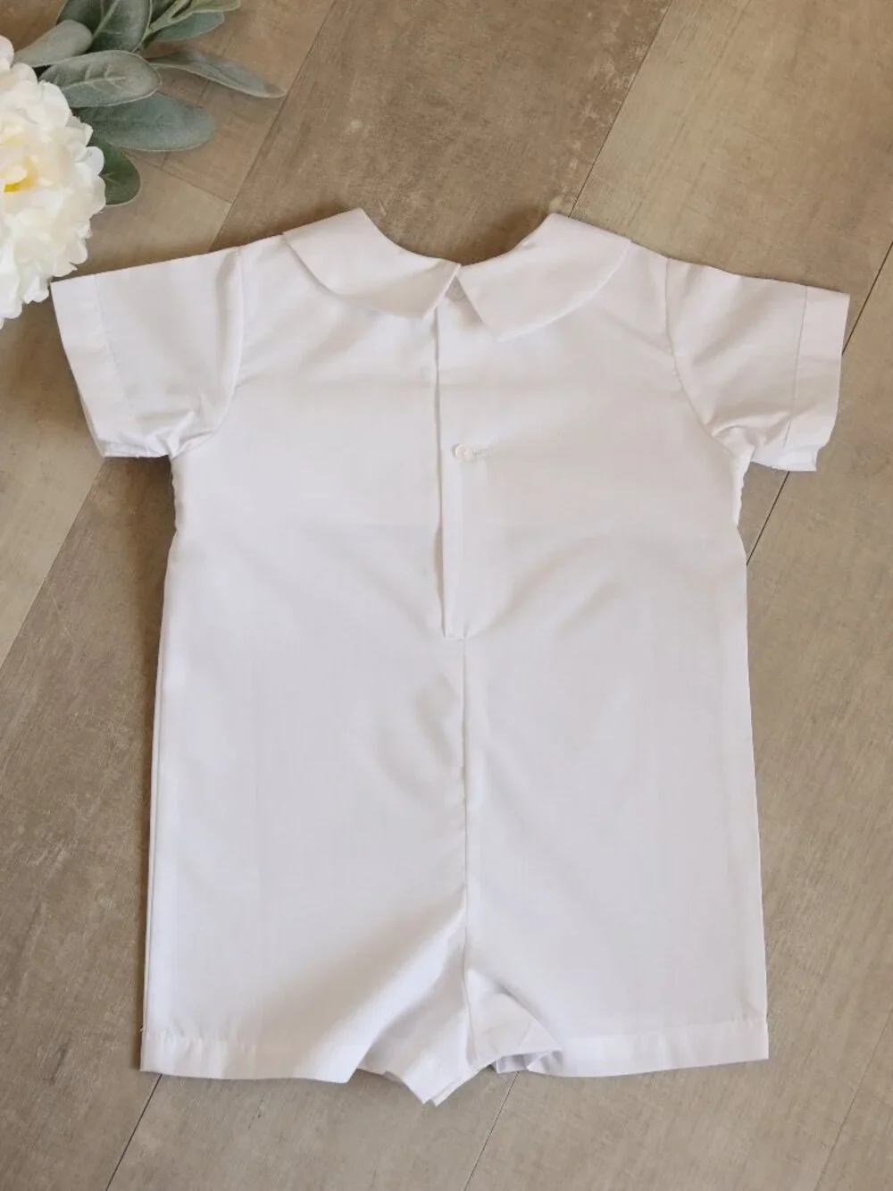 White Heirloom Smocked Jon Jon Romper Boys Special Occasion Portrait Ring Bearer